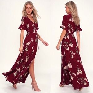 Lulu's Burgundy Floral Maxi Wrap Dress
